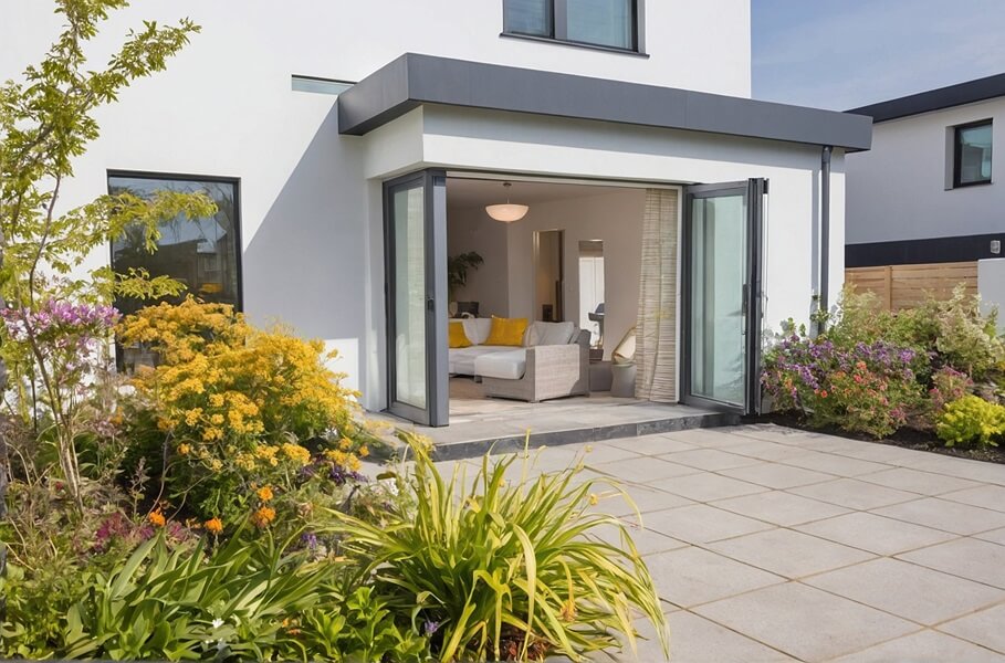 The image displays a modern home's patio area with wide-open bifold doors that blend the interior living space with the exterior. The house features a crisp white façade with dark grey trim, and the patio is paved with large, smooth tiles. The garden is vibrant with an array of flowering plants in pinks, purples, and yellows, adding a lush, welcoming feel to the outdoor space.
