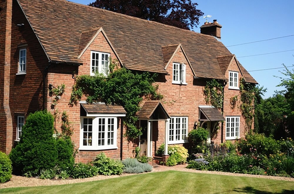 The image features a charming brick house with a pitched roof and several chimneys. White-trimmed windows are set within the brick facade, some adorned with small canopies. The house is surrounded by a lush garden with various plants and a neatly trimmed lawn, presenting a quintessential English country home.