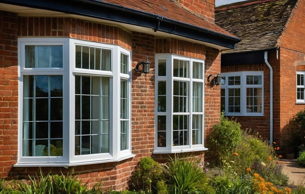 This image showcases a segment of a traditional English Kent home. The structure's orange bricks exude warmth and are a hallmark of classic English architecture. White flush sash windows punctuate the walls, offering a crisp contrast to the brickwork. They are immaculate, with clear panes that allow a glimpse into the home while reflecting the garden's greenery. The house features a well-maintained garden with an array of plants that add a splash of colour and life to the setting. There are outdoor lighting fixtures next to the windows, suggesting a cosy ambiance when dusk falls. The roof's dark tiles complement the orange bricks and the overall design adheres to the timeless aesthetic of Kent homes. The clear blue sky provides a serene backdrop, hinting at a peaceful day in the English countryside.