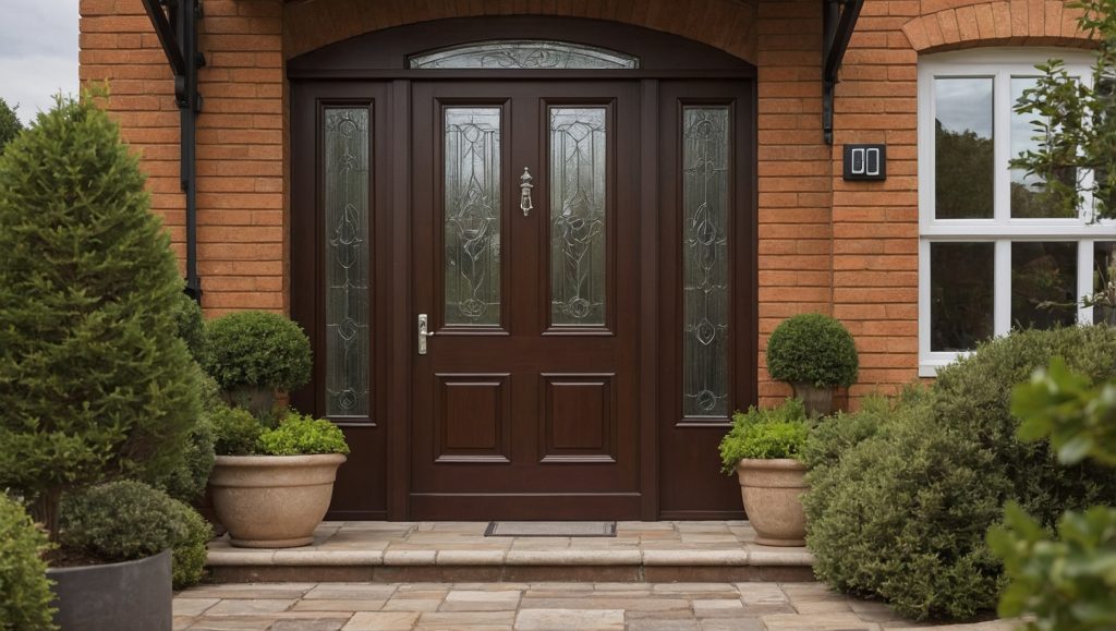 A modern suburban house with a rich wood-grain composite front door, surrounded by lush greenery and potted plants, illuminated by a porch light.