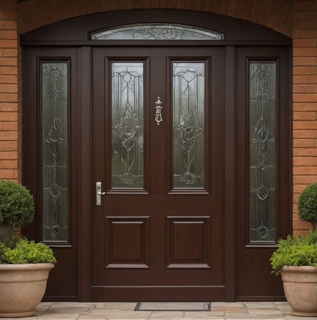 A modern suburban house with a rich wood-grain composite front door, surrounded by lush greenery and potted plants, illuminated by a porch light.