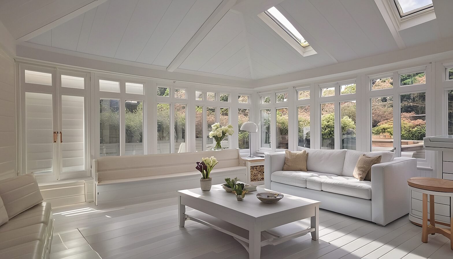 A bright and luxurious conservatory in Kent with white-paneled ceiling insulation, large windows, and elegant furnishings, creating a modern and inviting atmosphere.