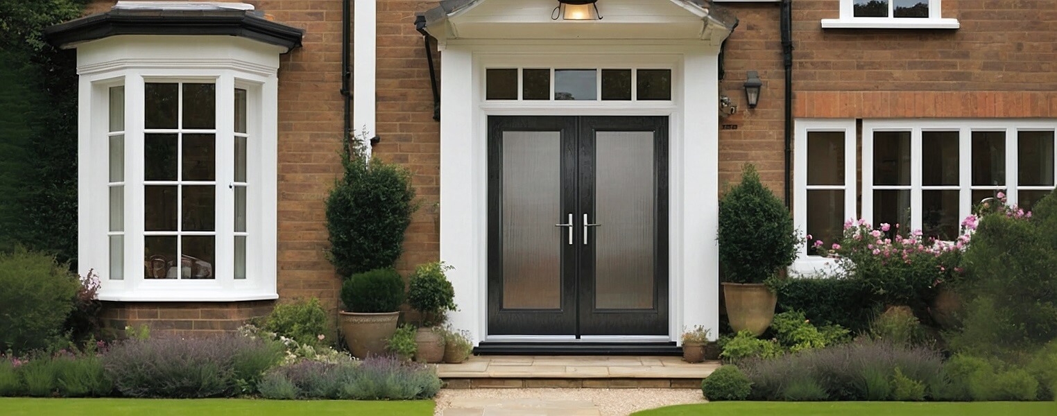 Front view of a home featuring anthracite grey double Virtuoso composite doors with white frames and lush green landscaping.