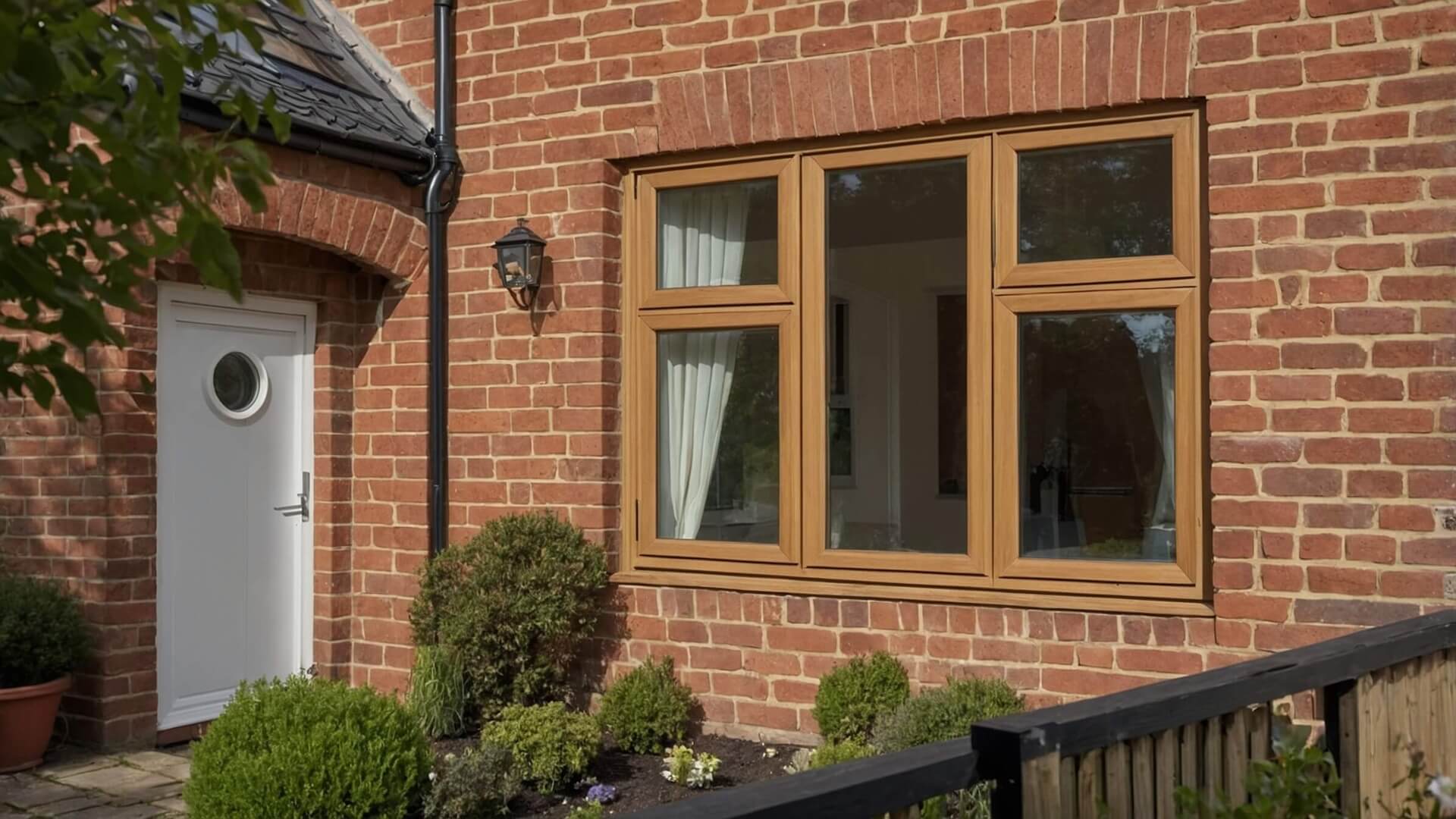 External view of a Kömmerling 76 casement window in Golden Oak finish installed in a red-brick home.
