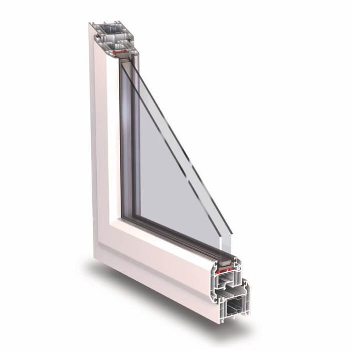 Cross-section of a Kömmerling C70 Gold white casement window with energy-efficient double seals and modern design.