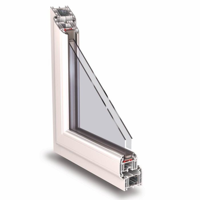 Cross-section of a Kömmerling O70 Gold casement window in white with double seals and ovolo design.