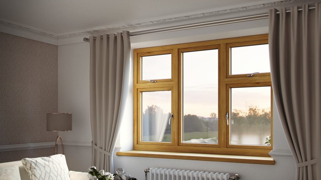 Warm oak Kömmerling window in a modern living room with neutral furnishings and ample natural light.